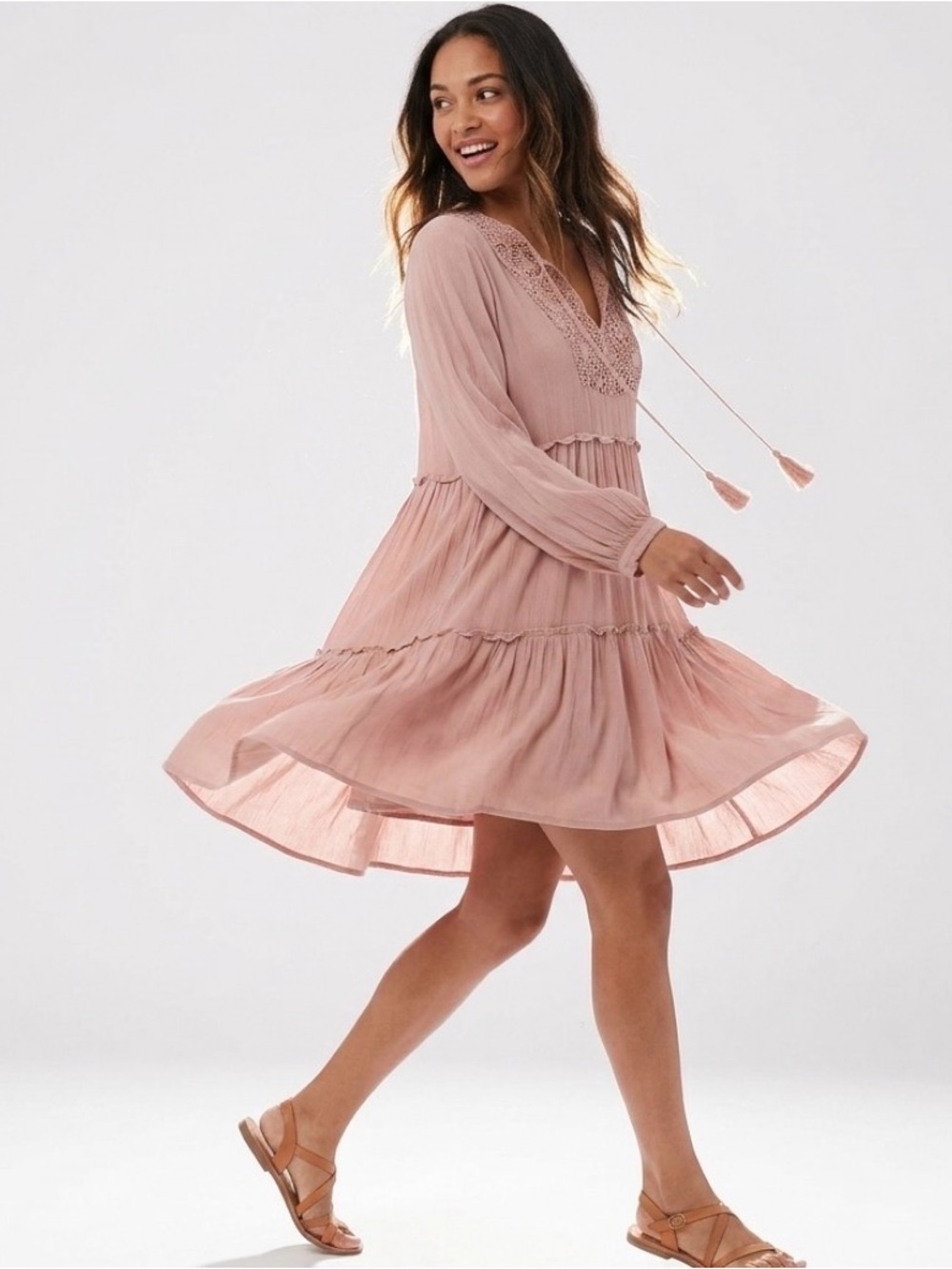 Mud Pie Blush Pink Lace-Trim Tiered Long-Sleeve Dress